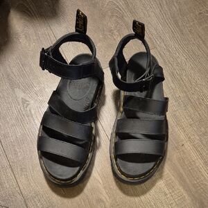 Dr. Martens Black Strappy Sandals with Yellow Stitching